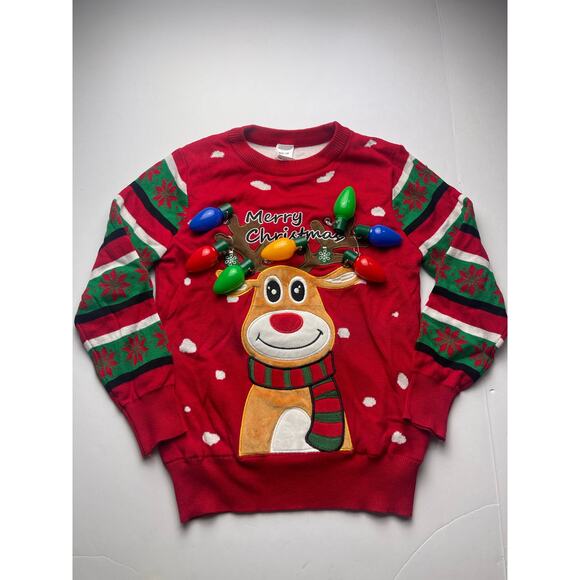 Kids LED Light Up Red Christmas Sweater Reindeer size 9/10 - Picture 1 of 8